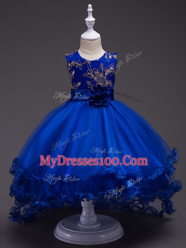 Sleeveless High Low Appliques and Hand Made Flower Zipper Kids Pageant Dress with Royal Blue