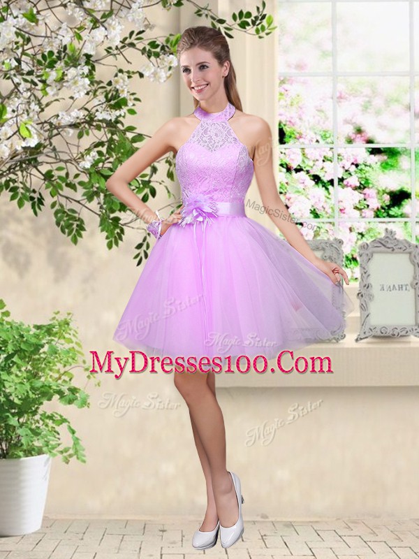 Nice Sleeveless Lace Up Knee Length Lace and Belt Wedding Guest Dresses