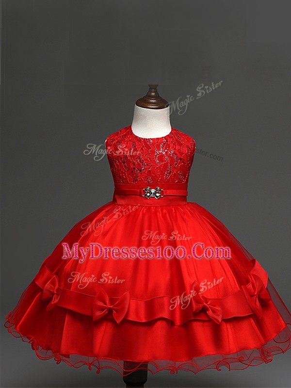 Sleeveless Zipper Knee Length Lace and Bowknot Little Girls Pageant Gowns