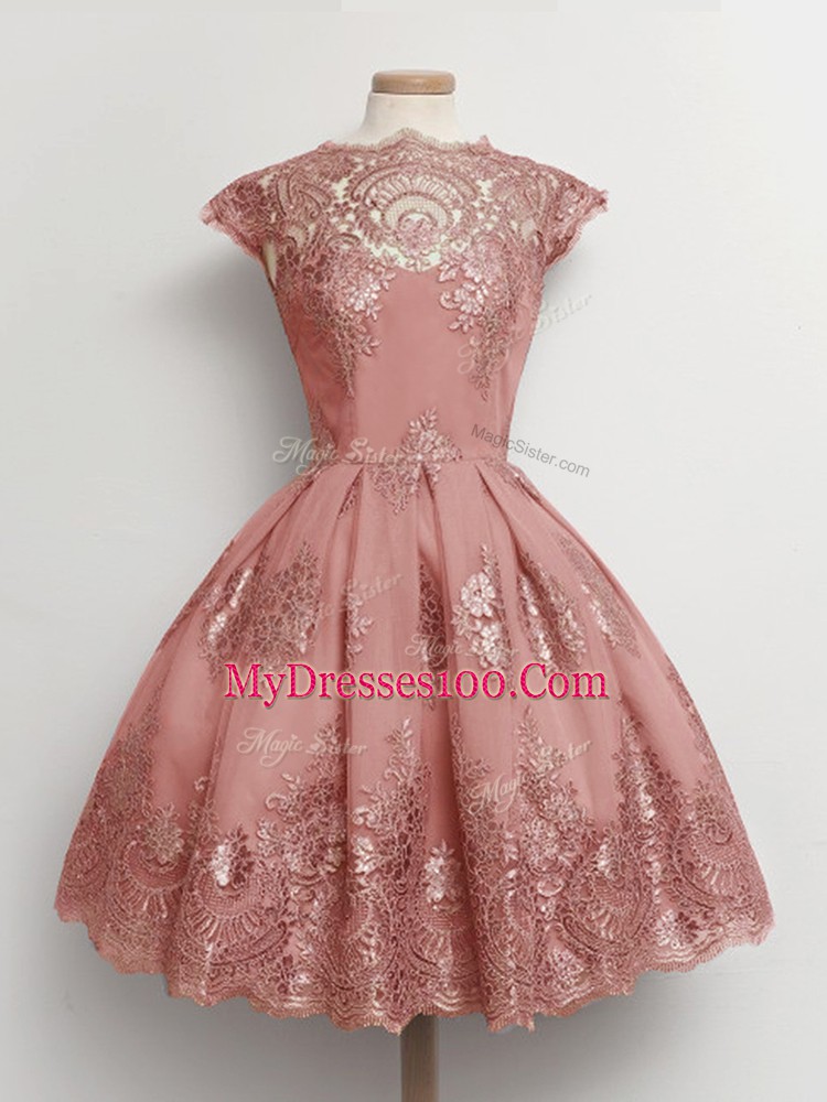 Hot Sale Cap Sleeves Knee Length Lace Lace Up Quinceanera Dama Dress with Pink