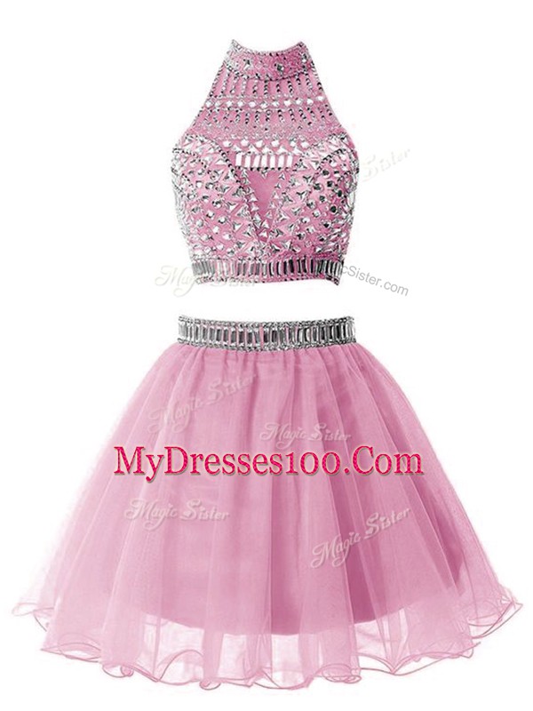 Nice Lilac High-neck Neckline Beading Damas Dress Sleeveless Zipper