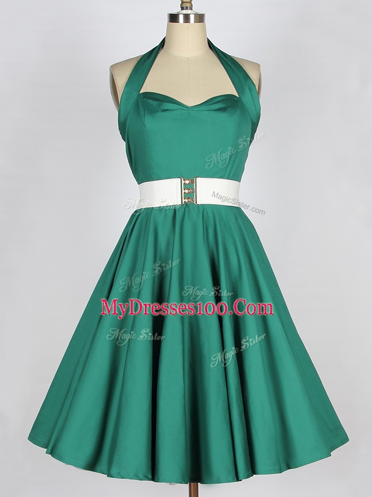 Amazing Dark Green Sleeveless Belt Knee Length Dama Dress for Quinceanera