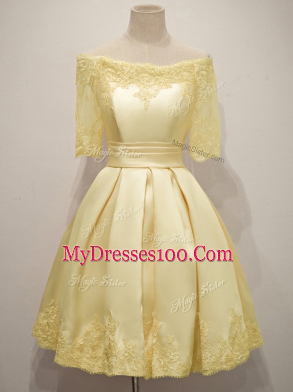 Fancy Knee Length Lace Up Wedding Party Dress Yellow for Prom and Party and Wedding Party with Lace