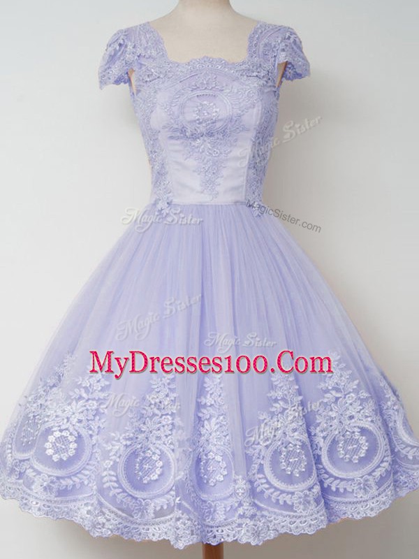 Lavender A-line Tulle Square Cap Sleeves Lace Knee Length Zipper Wedding Party Dress