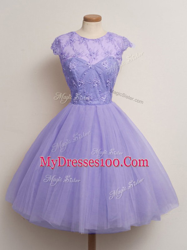 Lavender Lace Up Court Dresses for Sweet 16 Lace Cap Sleeves Knee Length