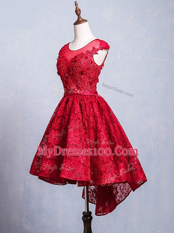 Sweet Red Scoop Neckline Lace and Appliques and Belt Prom Evening Gown Short Sleeves Lace Up