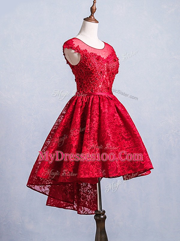 Sweet Red Scoop Neckline Lace and Appliques and Belt Prom Evening Gown Short Sleeves Lace Up
