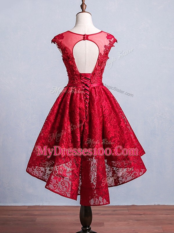 Sweet Red Scoop Neckline Lace and Appliques and Belt Prom Evening Gown Short Sleeves Lace Up