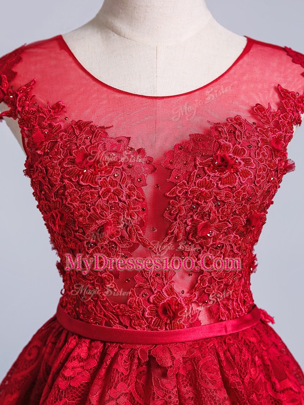 Sweet Red Scoop Neckline Lace and Appliques and Belt Prom Evening Gown Short Sleeves Lace Up