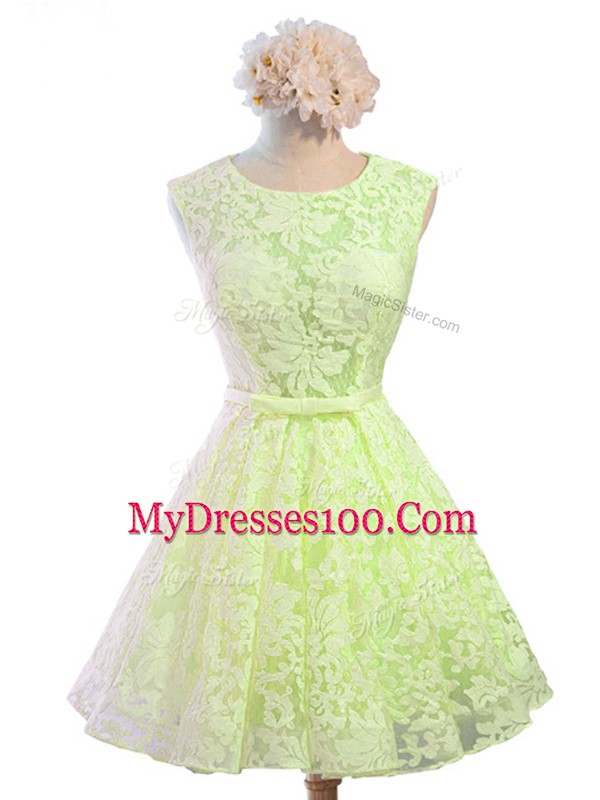 Inexpensive Knee Length Yellow Green Damas Dress Lace Sleeveless Belt