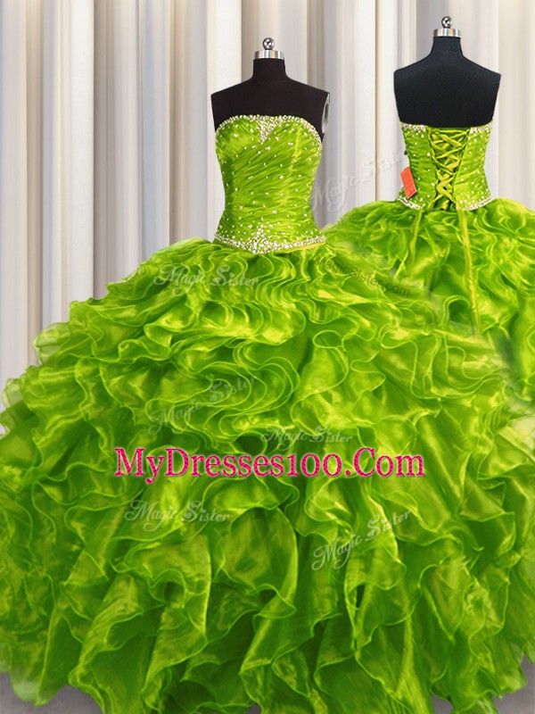 Popular Olive Green Ball Gowns Beading and Ruffles Ball Gown Prom Dress Lace Up Organza Sleeveless Floor Length