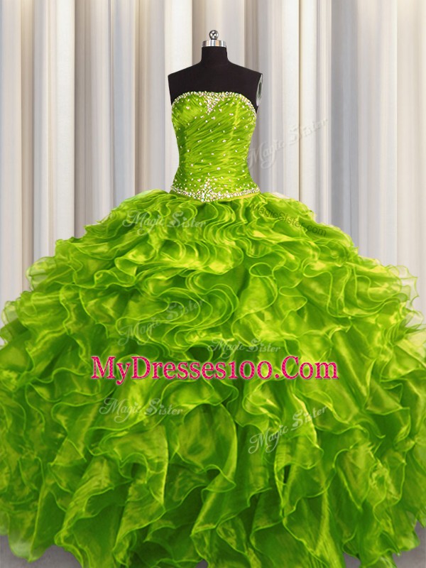 Popular Olive Green Ball Gowns Beading and Ruffles Ball Gown Prom Dress Lace Up Organza Sleeveless Floor Length