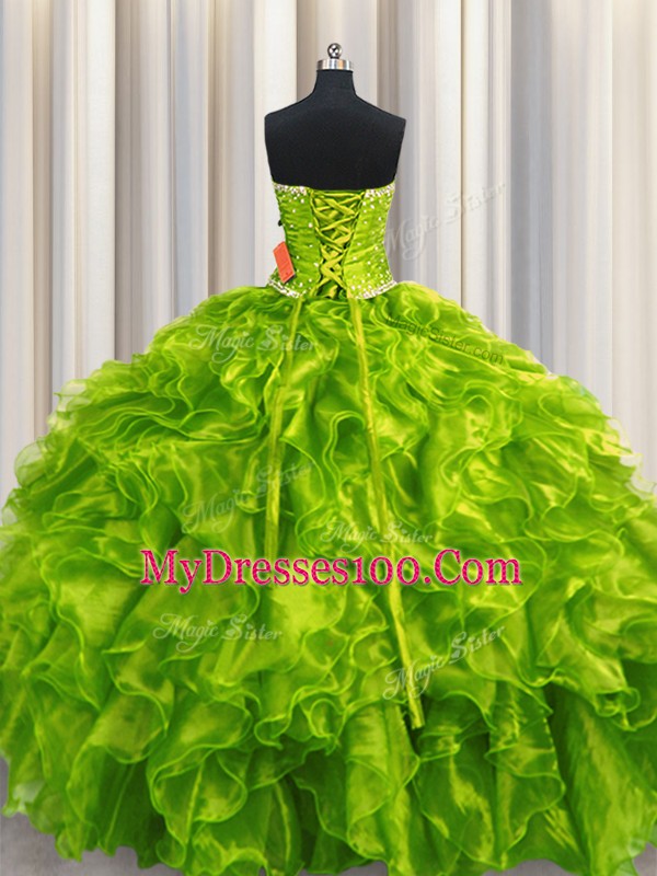 Popular Olive Green Ball Gowns Beading and Ruffles Ball Gown Prom Dress Lace Up Organza Sleeveless Floor Length