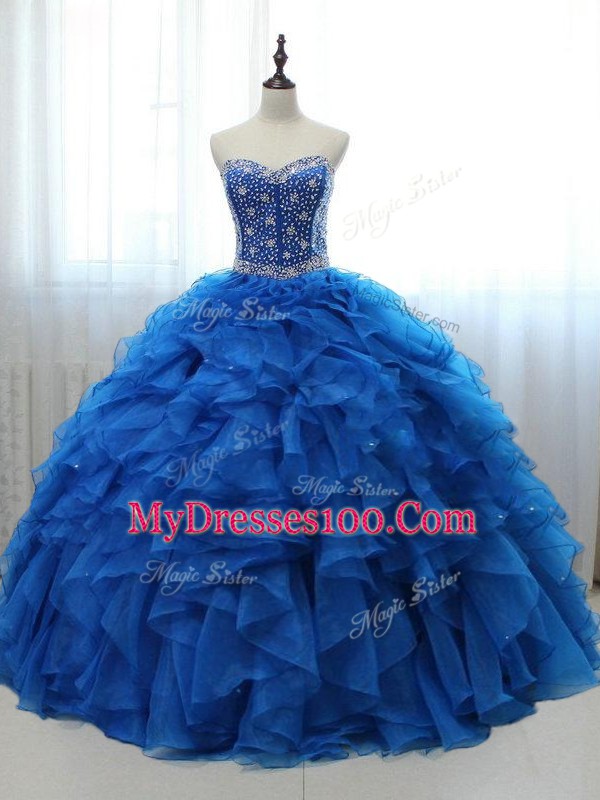 Glittering Royal Blue Lace Up 15th Birthday Dress Beading and Ruffles Sleeveless Floor Length