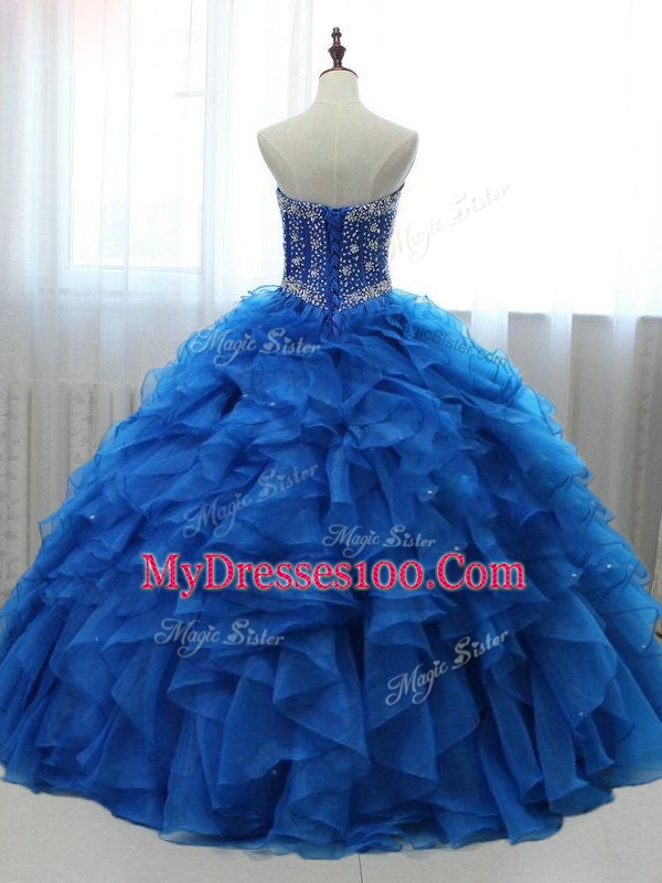 Glittering Royal Blue Lace Up 15th Birthday Dress Beading and Ruffles Sleeveless Floor Length