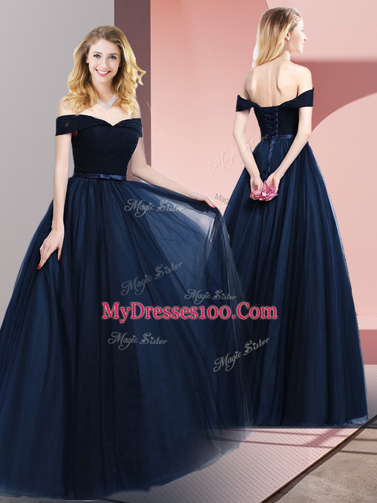 Ideal Off The Shoulder Sleeveless Dress for Prom Floor Length Beading and Ruching and Belt Navy Blue Tulle