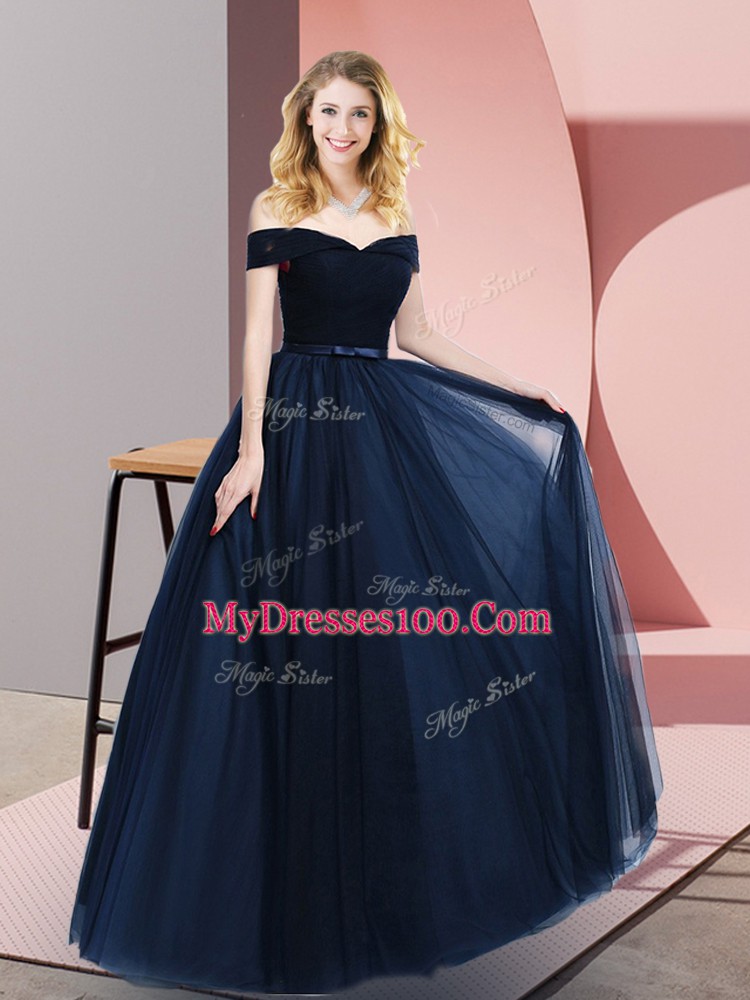 Ideal Off The Shoulder Sleeveless Dress for Prom Floor Length Beading and Ruching and Belt Navy Blue Tulle