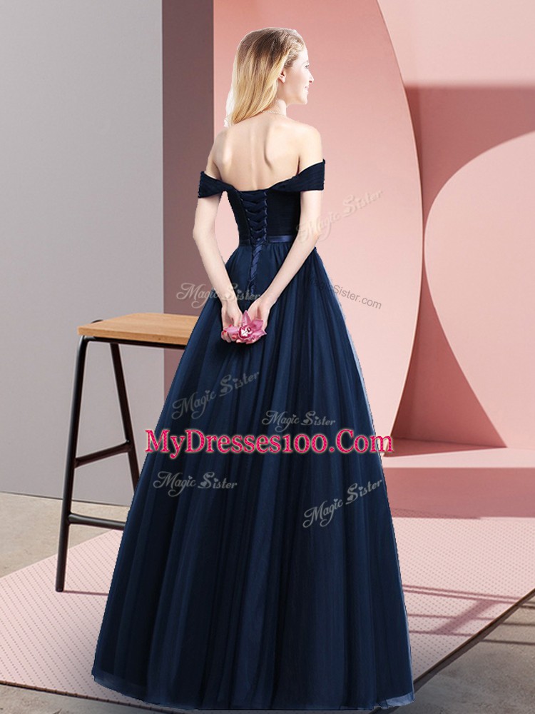 Ideal Off The Shoulder Sleeveless Dress for Prom Floor Length Beading and Ruching and Belt Navy Blue Tulle