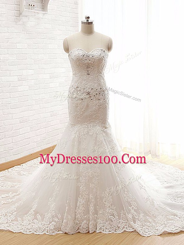 White Lace Lace Up Wedding Gowns Sleeveless Court Train Beading and Lace and Appliques