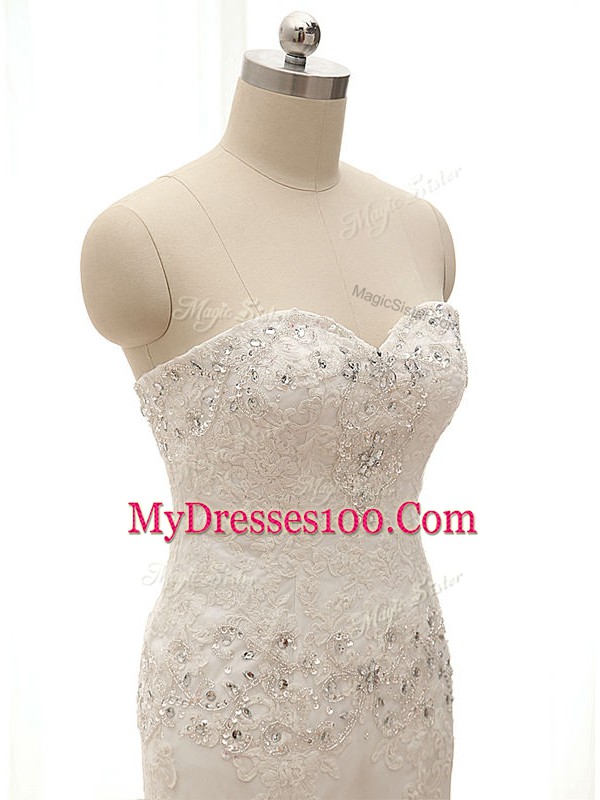 White Lace Lace Up Wedding Gowns Sleeveless Court Train Beading and Lace and Appliques