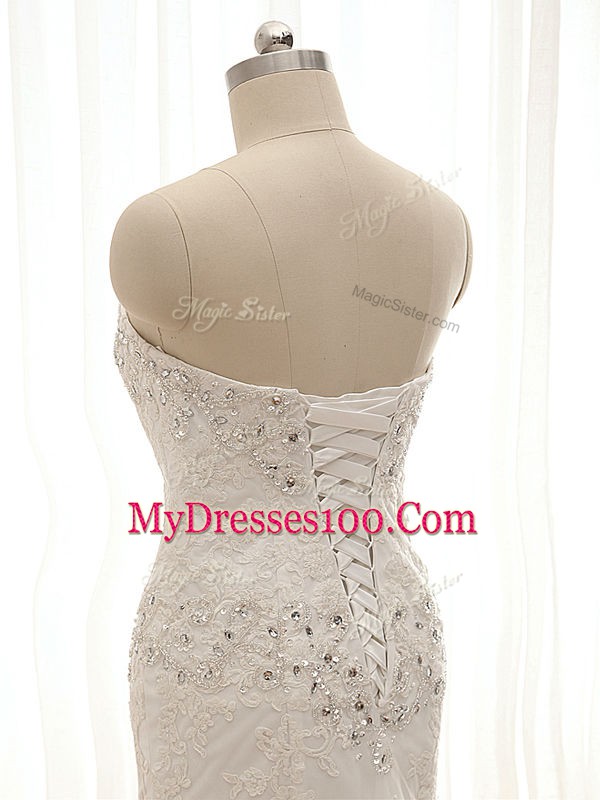 White Lace Lace Up Wedding Gowns Sleeveless Court Train Beading and Lace and Appliques