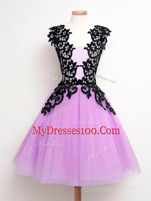 Traditional Sleeveless Tulle Knee Length Lace Up Wedding Party Dress in Lilac with Lace