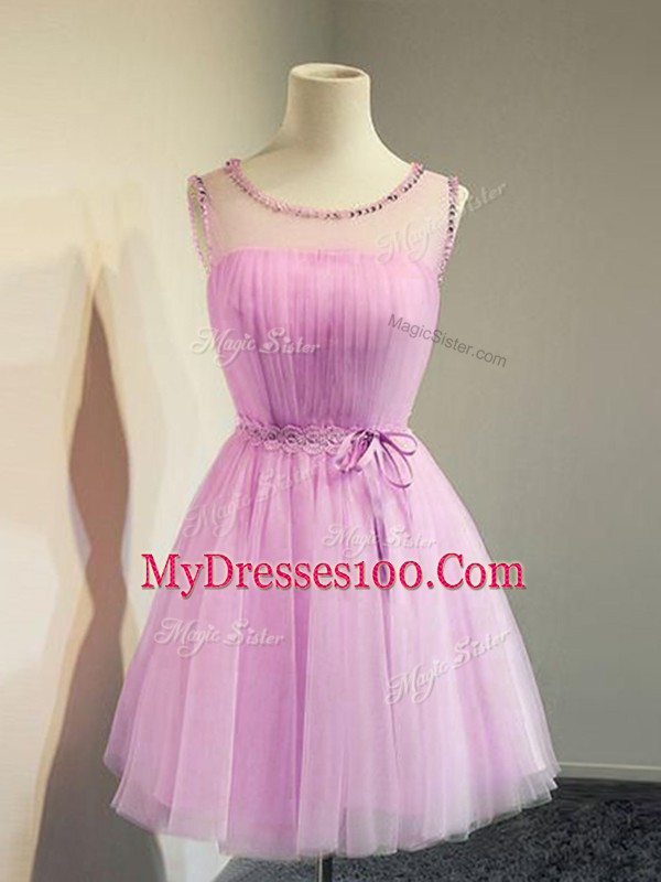 Sexy Lilac Empire Belt Court Dresses for Sweet 16 Lace Up Tulle Sleeveless Knee Length