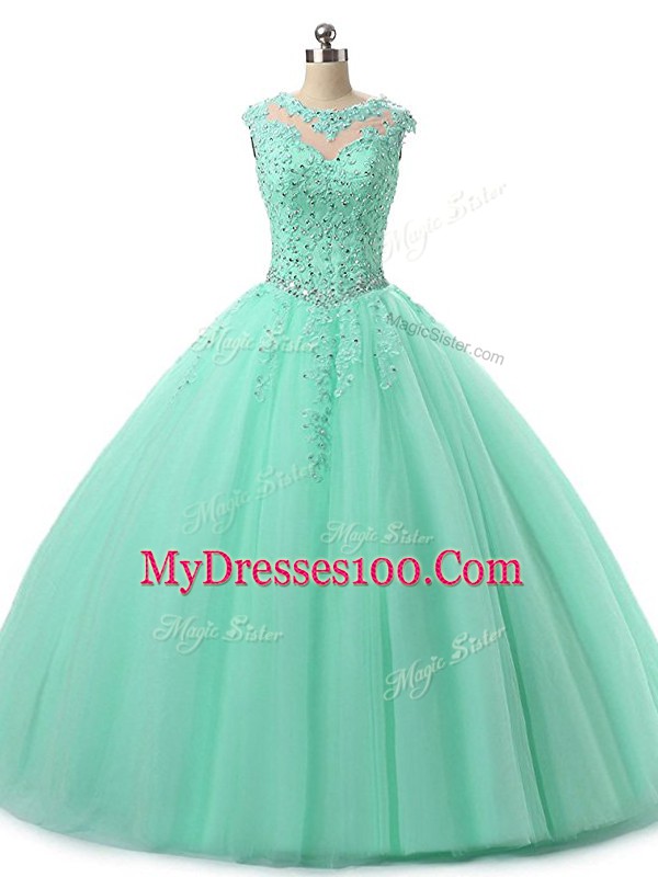 Beading and Lace Vestidos de Quinceanera Apple Green Lace Up Sleeveless Floor Length
