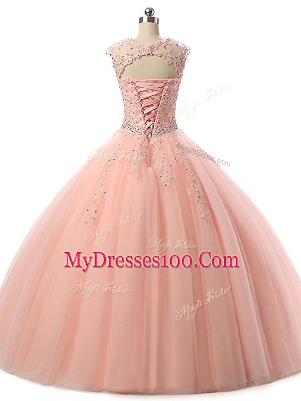 Beading and Lace Vestidos de Quinceanera Apple Green Lace Up Sleeveless Floor Length