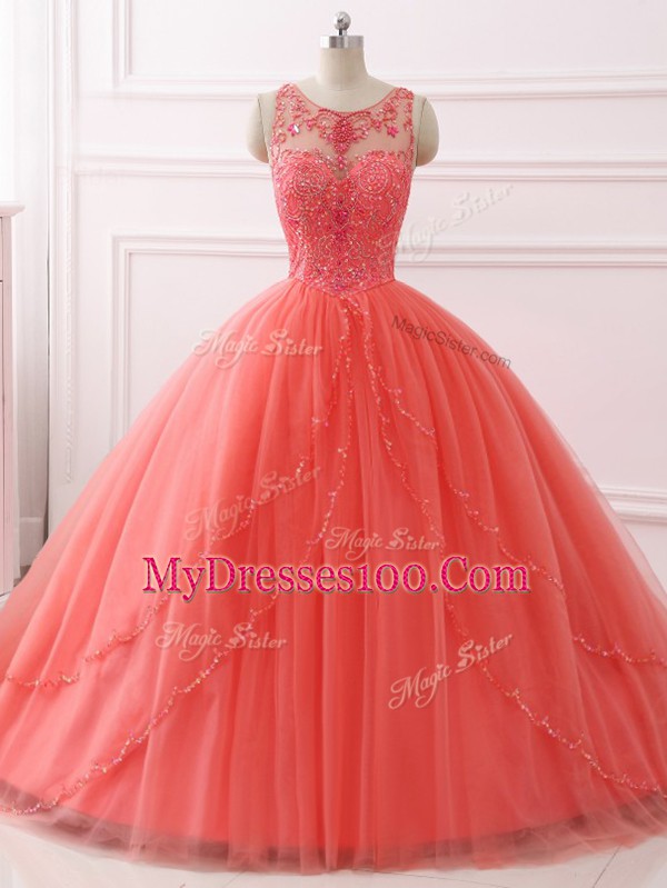 Excellent Coral Red Tulle Lace Up Sweetheart Sleeveless Quinceanera Dress Brush Train Beading and Lace