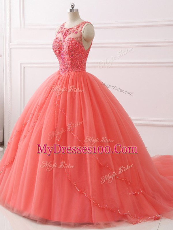 Excellent Coral Red Tulle Lace Up Sweetheart Sleeveless Quinceanera Dress Brush Train Beading and Lace