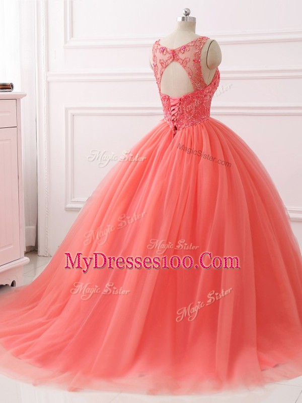 Excellent Coral Red Tulle Lace Up Sweetheart Sleeveless Quinceanera Dress Brush Train Beading and Lace