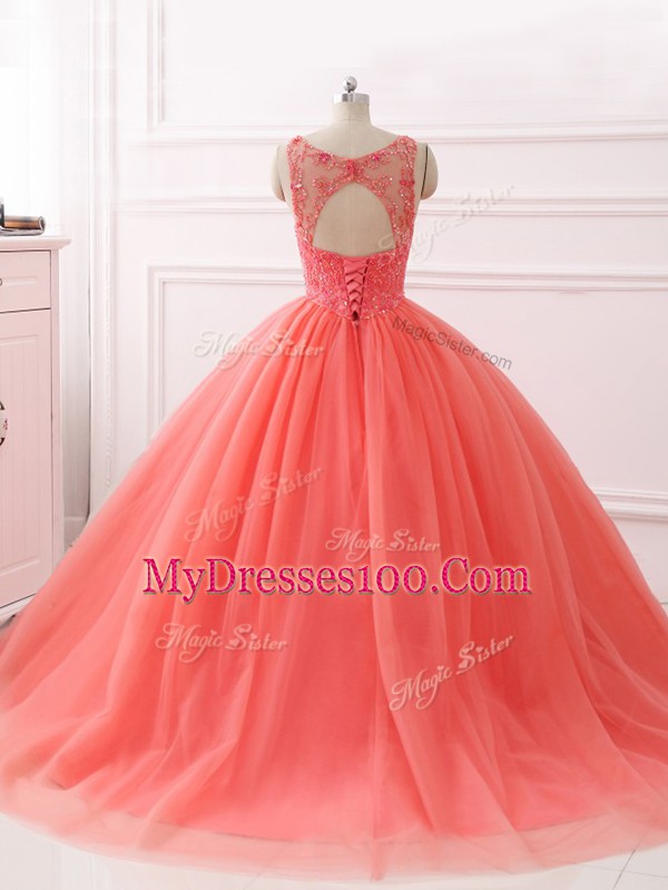 Excellent Coral Red Tulle Lace Up Sweetheart Sleeveless Quinceanera Dress Brush Train Beading and Lace
