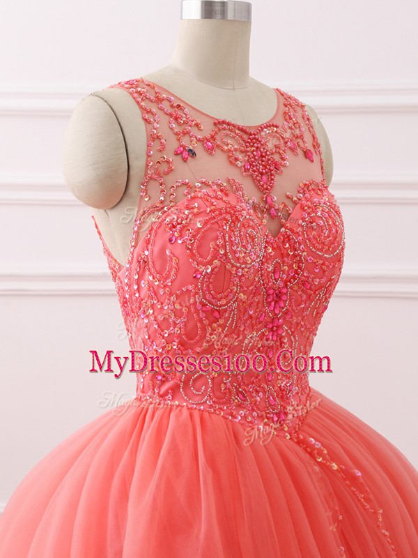 Excellent Coral Red Tulle Lace Up Sweetheart Sleeveless Quinceanera Dress Brush Train Beading and Lace