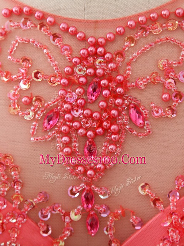 Excellent Coral Red Tulle Lace Up Sweetheart Sleeveless Quinceanera Dress Brush Train Beading and Lace