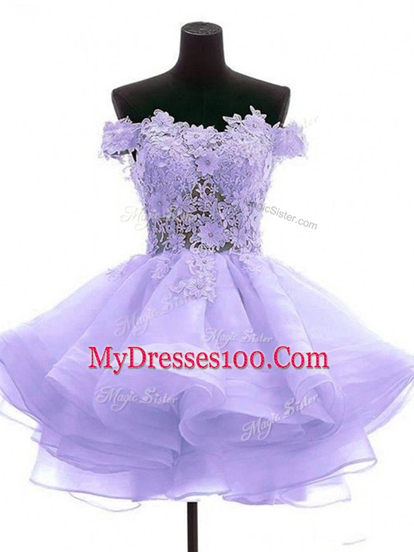 Customized Lavender Off The Shoulder Neckline Lace and Appliques Cocktail Dress Sleeveless Zipper