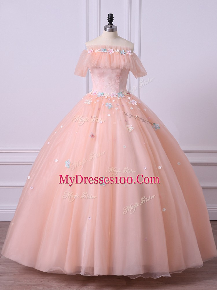 Exceptional Tulle Short Sleeves Floor Length Sweet 16 Dress and Lace and Appliques