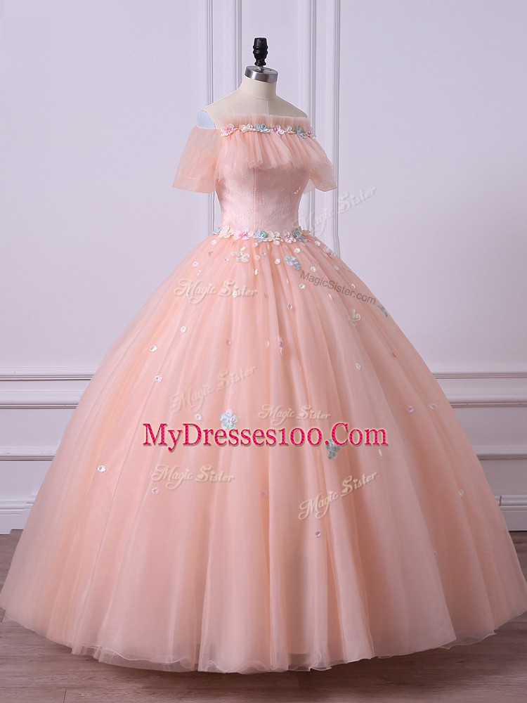 Exceptional Tulle Short Sleeves Floor Length Sweet 16 Dress and Lace and Appliques