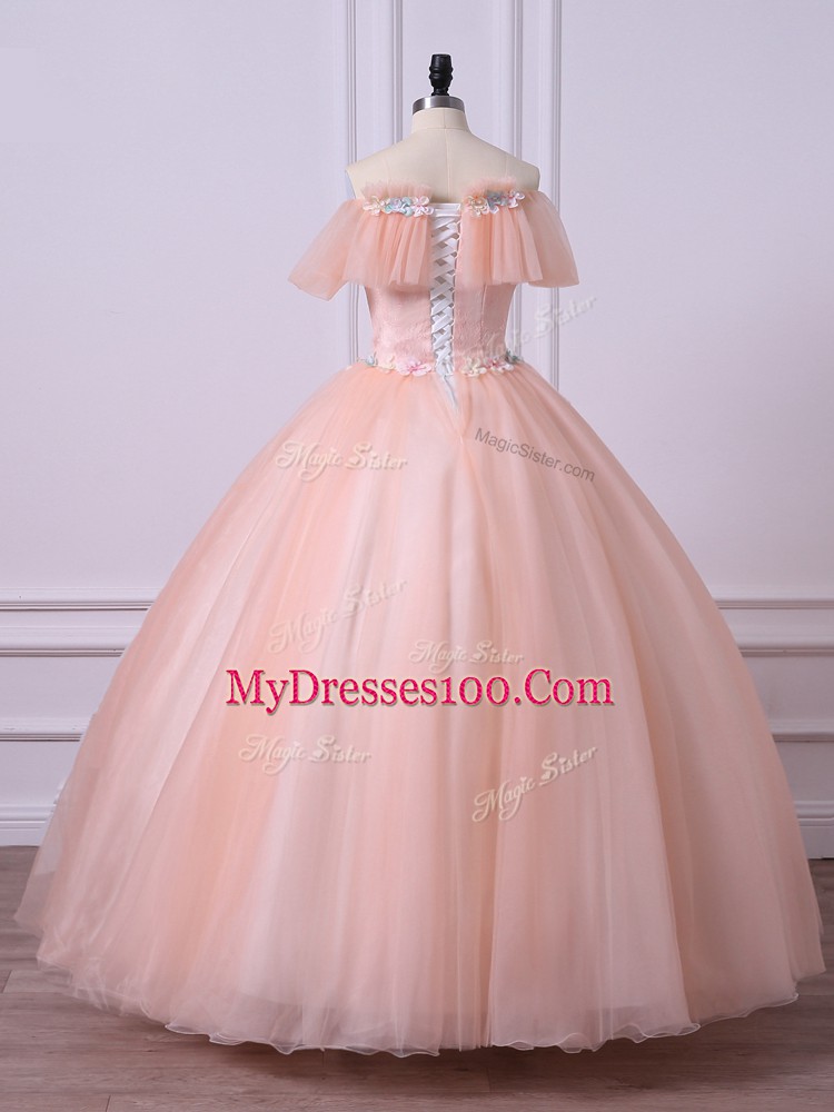 Exceptional Tulle Short Sleeves Floor Length Sweet 16 Dress and Lace and Appliques