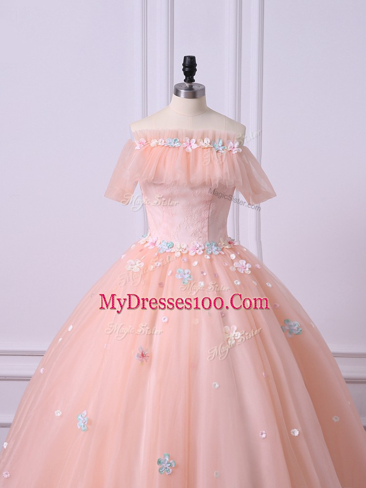 Exceptional Tulle Short Sleeves Floor Length Sweet 16 Dress and Lace and Appliques