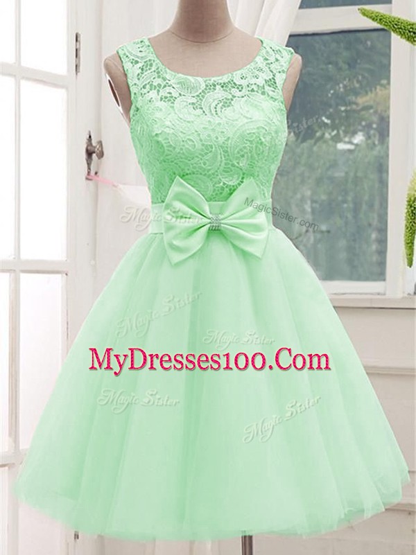 Fashion Apple Green Scoop Neckline Lace and Bowknot Bridesmaid Dresses Sleeveless Lace Up