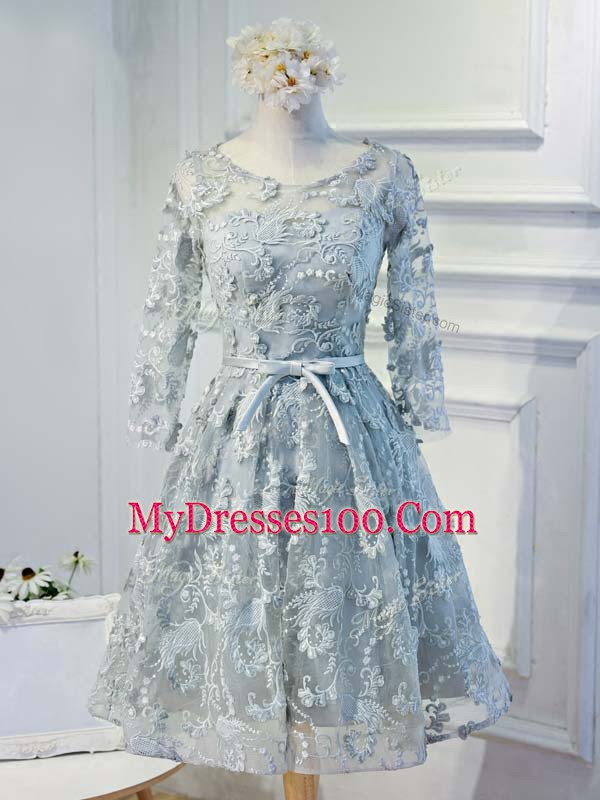 Top Selling Grey A-line Organza Scoop Long Sleeves Lace and Appliques and Belt Knee Length Lace Up