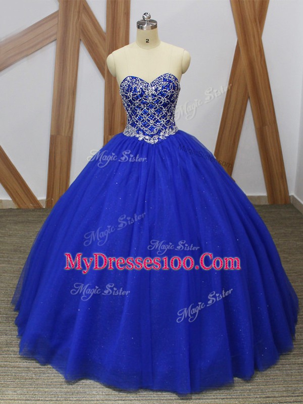 Low Price Beading Ball Gown Prom Dress Royal Blue Lace Up Sleeveless Floor Length