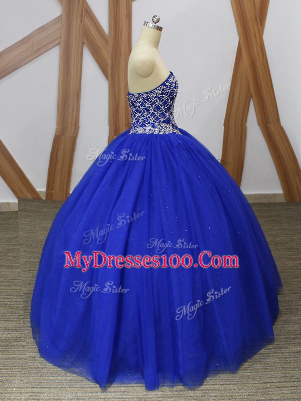 Low Price Beading Ball Gown Prom Dress Royal Blue Lace Up Sleeveless Floor Length