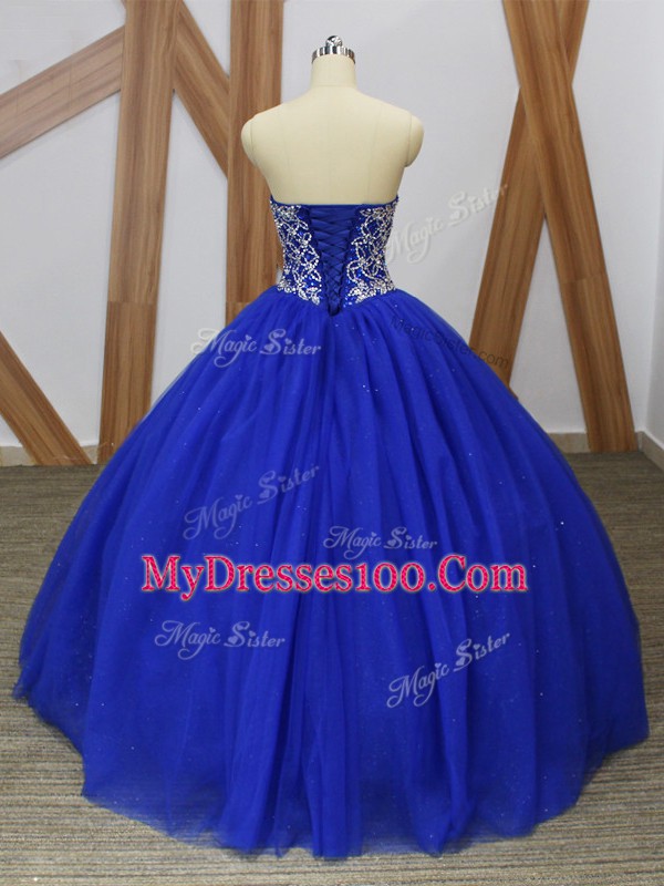 Low Price Beading Ball Gown Prom Dress Royal Blue Lace Up Sleeveless Floor Length