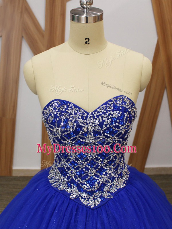 Low Price Beading Ball Gown Prom Dress Royal Blue Lace Up Sleeveless Floor Length