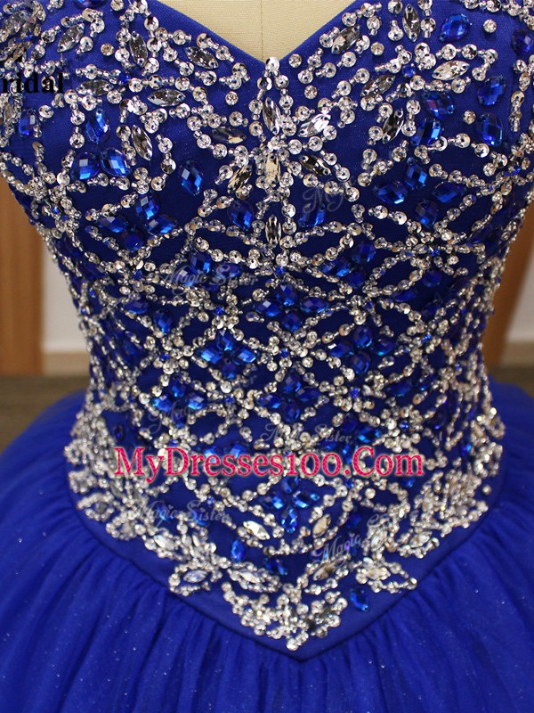 Low Price Beading Ball Gown Prom Dress Royal Blue Lace Up Sleeveless Floor Length