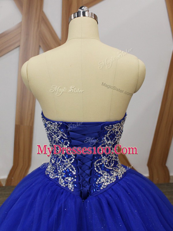 Low Price Beading Ball Gown Prom Dress Royal Blue Lace Up Sleeveless Floor Length