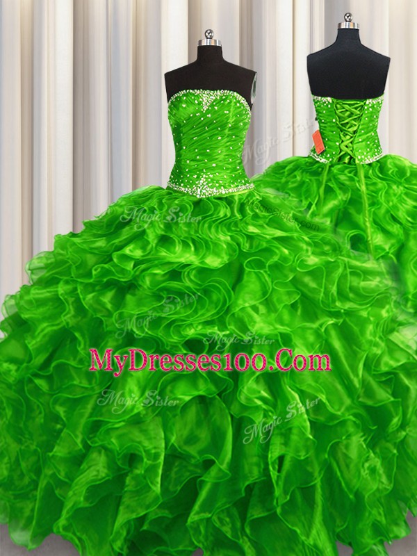 Low Price Green Lace Up Strapless Beading and Ruffles Sweet 16 Dresses Organza Sleeveless