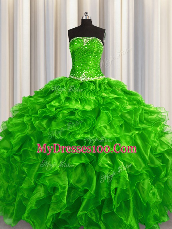 Low Price Green Lace Up Strapless Beading and Ruffles Sweet 16 Dresses Organza Sleeveless
